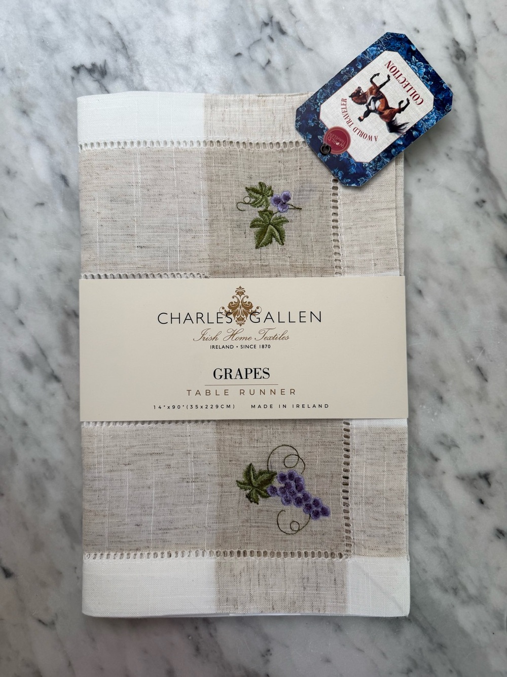 Charles Gallen Irish Textiles Table Runner with Grapes embroidered 14”x 90” NWT